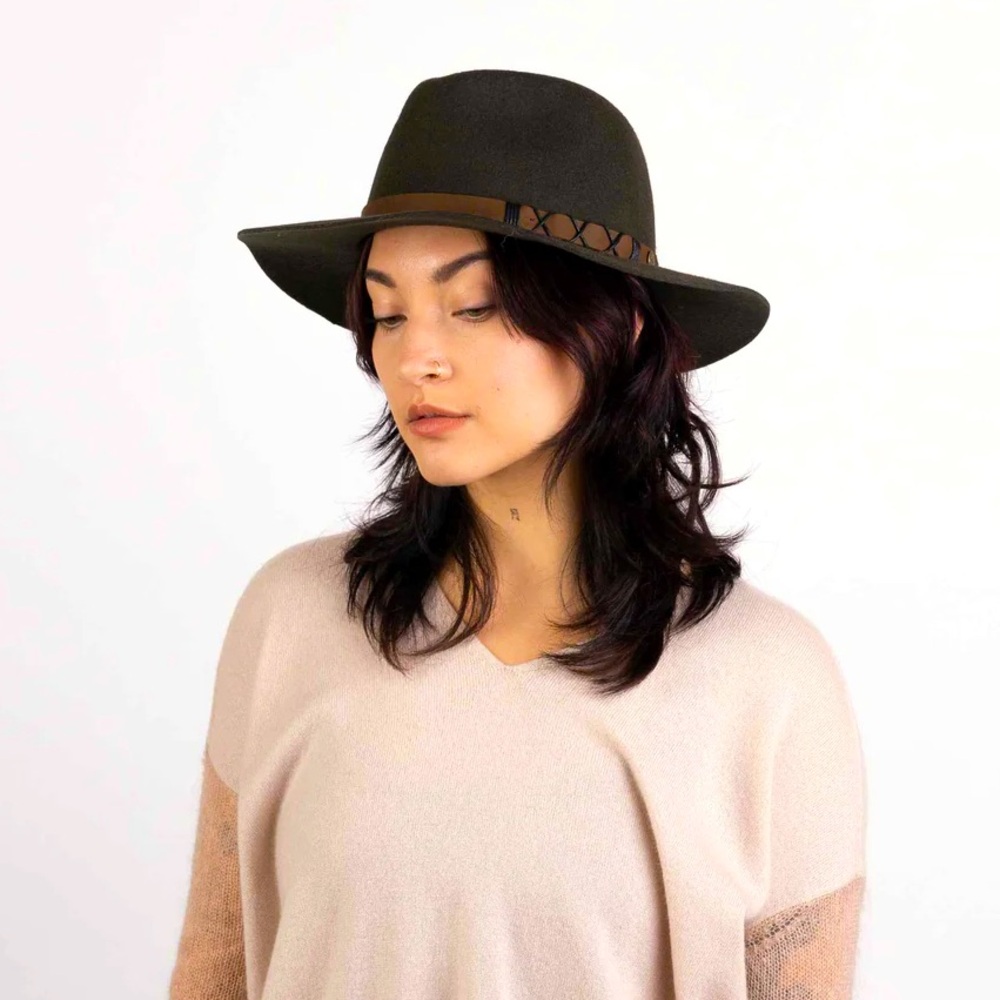 Pistil grey soho wide brim, 100% wool hat with leather detail